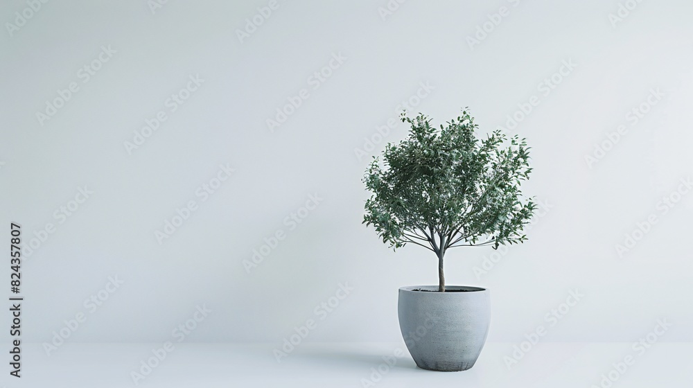 Sleek Umbrella Tree: Umbrella tree in grey pot on white backdrop radiates modern calmness. Sleek Umbrella Tree: Umbrella tree in grey pot on white backdrop radiates modern calmness.