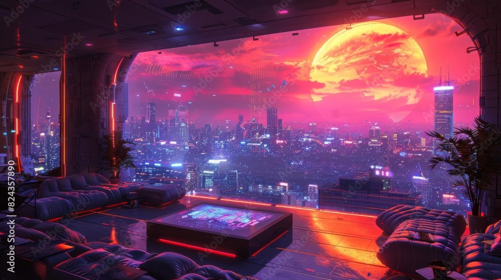 Generate a cinematic concept art image of a luxury penthouse apartment in a cyberpunk city Generate a cinematic concept art image of a luxury penthouse apartment in a cyberpunk city