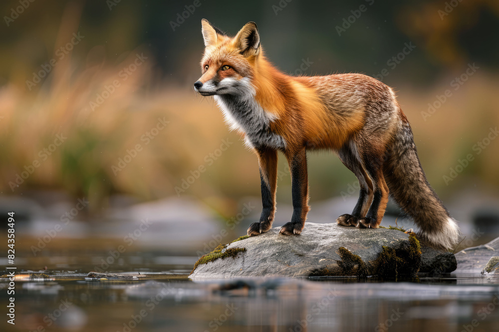 Beautiful red fox standing on a few stones over the water surface. Very focused on its prey. Pure natural wildlife photo. Ready to hunt. Beautiful red fox standing on a few stones over the water surface. Very focused on its prey. Pure natural wildlife photo. Ready to hunt.