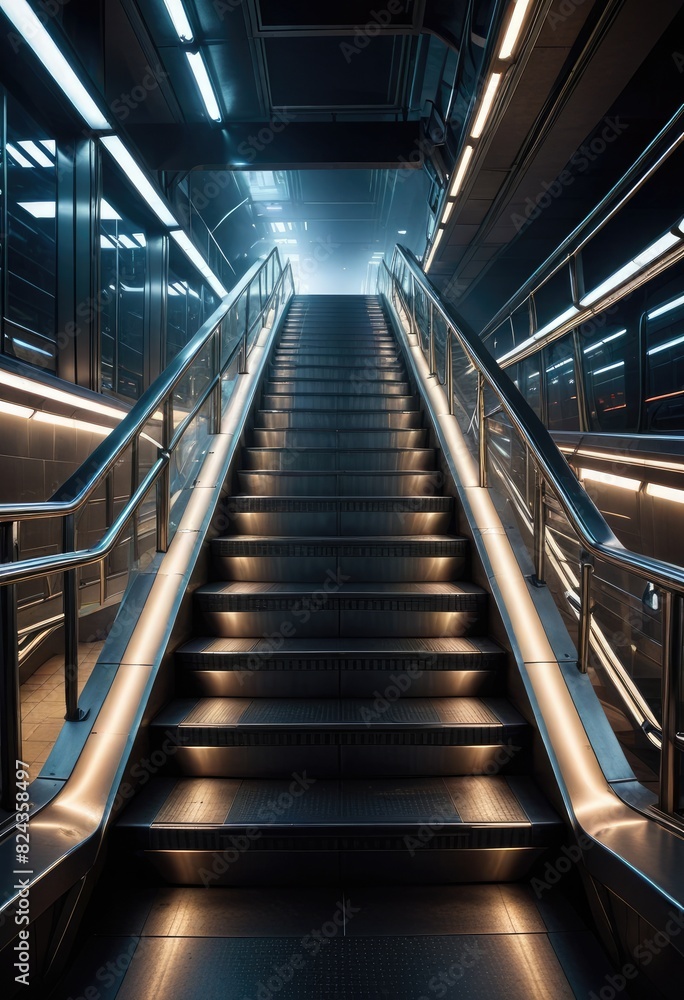 A contemporary subway station illuminated by lines of light and featuring sleek metal stairs A contemporary subway station illuminated by lines of light and featuring sleek metal stairs