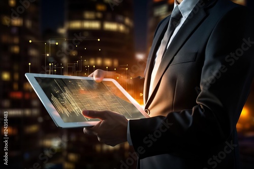 Businessman holding a tablet analyzing financial data with a cityscape background at night, implying modern technology in business. photo