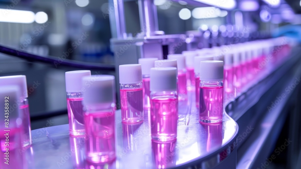 Cosmetic tubes on a conveyor belt being filled with lotion by a high-tech machine, bright studio lighting Cosmetic tubes on a conveyor belt being filled with lotion by a high-tech machine, bright studio lighting