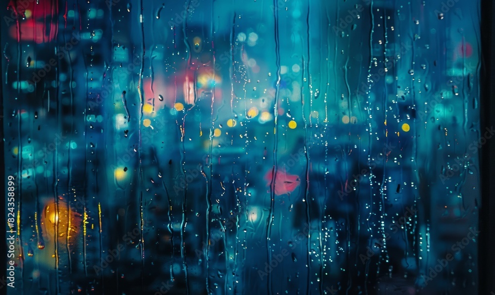 Fototapeta premium Rain pouring down on a window with city lights in the background