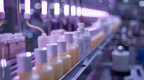 Cosmetic tubes on a conveyor belt being filled with lotion by a high-tech machine, bright studio lighting