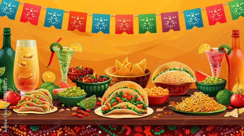 Obraz premium Cartoon vector of a festive table set with Mexican cuisine, including tacos, guacamole, and margaritas, against a backdrop of colorful papel picado banners Generative AI