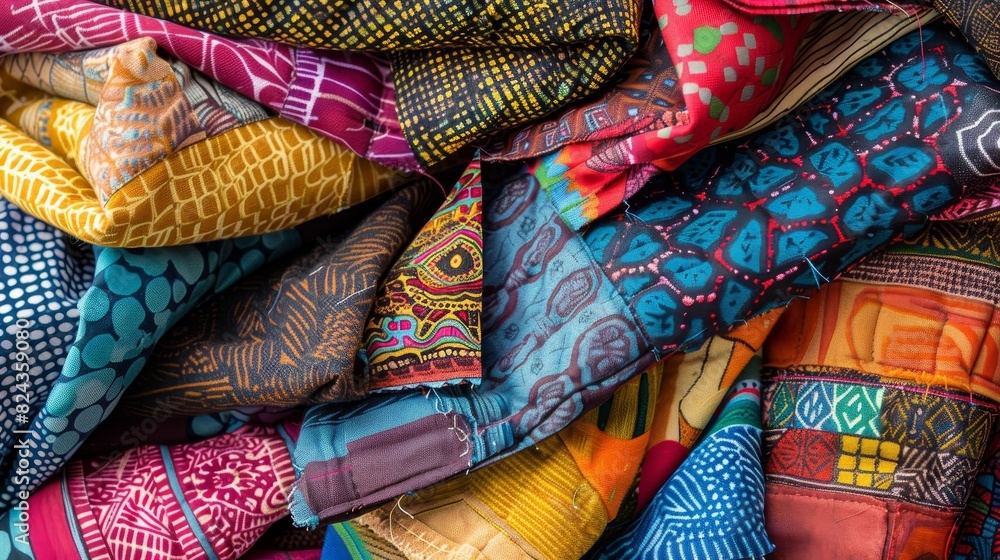 Collection of colorful fabric squares, intricately arranged in a dynamic patchwork design, showcasing diverse patterns and textures Collection of colorful fabric squares, intricately arranged in a dynamic patchwork design, showcasing diverse patterns and textures