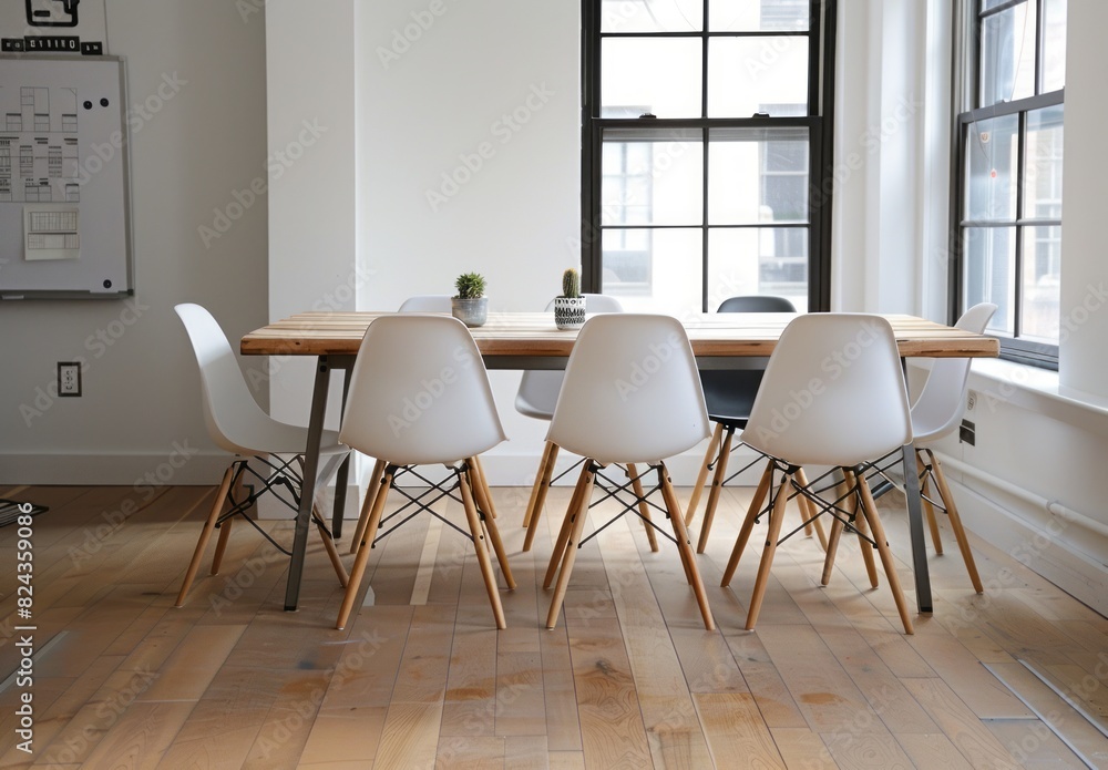Modern dining table in white and black, with simple chairs and a wooden top Modern dining table in white and black, with simple chairs and a wooden top