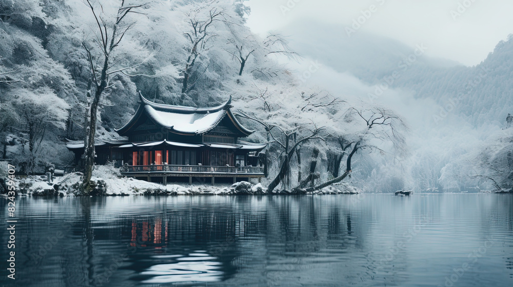Fototapeta premium Beautiful Chinese Cultured River Front House With Reflect in Water Winter Landscape Background