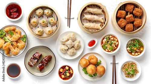 Savory Chinese Delights: Top View Realistic Group of Traditional Chinese Food on Plain White Background in HD 8K Resolution