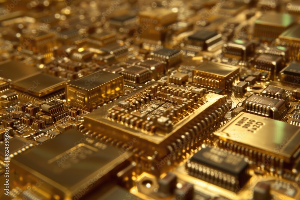 Component. Close-up of Golden Electronic Microchips and Microcircuits Component. Close-up of Golden Electronic Microchips and Microcircuits
