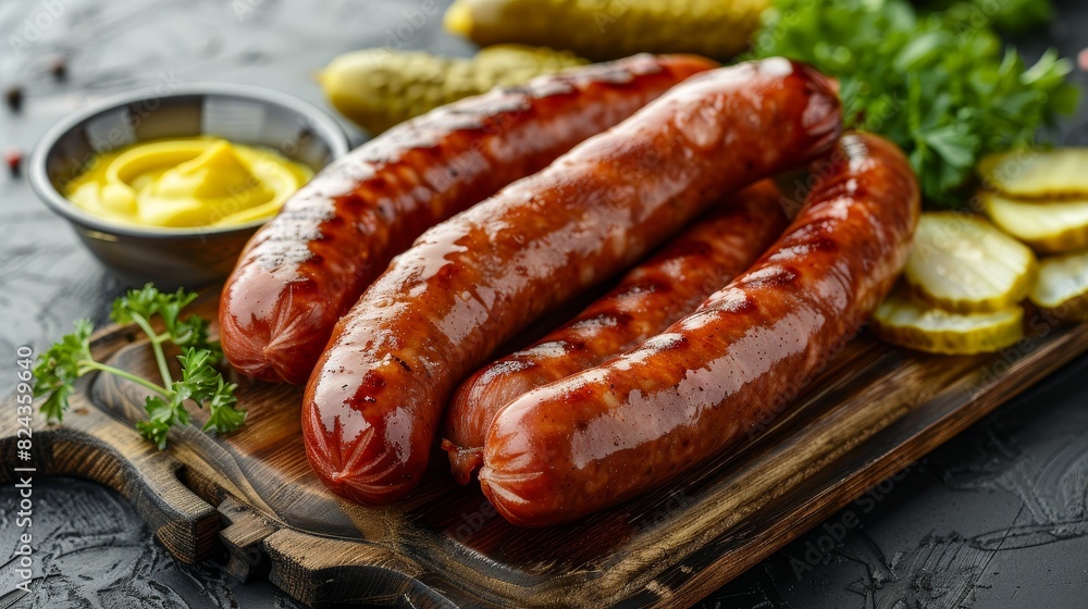 Close-up of juicy boiled sausages on a cutting board, accompanied by mustard and pickles, grey background Close-up of juicy boiled sausages on a cutting board, accompanied by mustard and pickles, grey background
