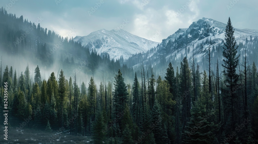 Conifer Forest. Serene Mountain Landscape with Fresh Fir Trees, Snow, and Winter Sky Conifer Forest. Serene Mountain Landscape with Fresh Fir Trees, Snow, and Winter Sky