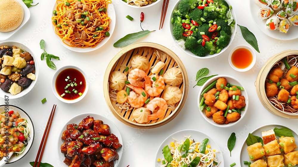 Delicious Chinese Cuisine Collection - Top View Realistic Group on White Background in Stunning HD 8K Quality