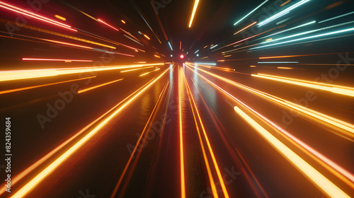 multiple multicolored light trails going in random pattern for technology background, abstract acceleration speed motion on night road, Abstract futuristic neon background with up glow lines