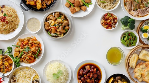 Authentic Top View Chinese Food Spread on Plain White Background in High Definition 8K Resolution