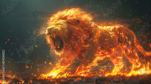 A powerful fantasy lion with flames radiating from its body and glowing lights, roaring majestically, creating an awe-inspiring mythical scene.