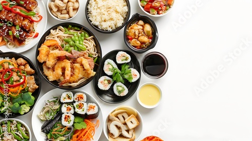 Delicious Chinese Food Spread from Top View on Clean White Background in High Definition 8K Resolution