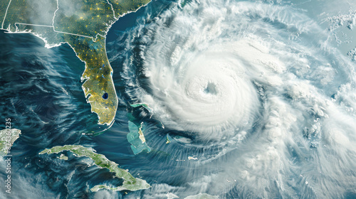 Powerful hurricane over Florida, with swirling clouds and turbulent weather, emphasizing the destructive force and scale of the storm.