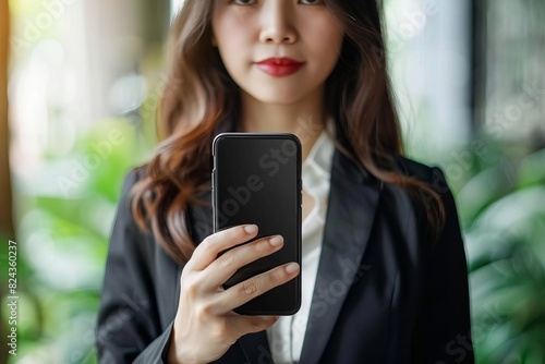 Businesswoman holding a smartphone, wearing a black blazer, standing against a blurred green background, showcasing modern technology in work.