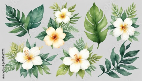 Watercolor of Tropical spring floral green leaves and flowers s isolated on transparent png background  bouquets greeting or wedding card decoration  with Generative Ai