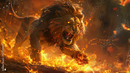 A roaring mighty fantasy lion, engulfed in flames and surrounded by glowing lights, exuding power and mystique in a magical realm. photo