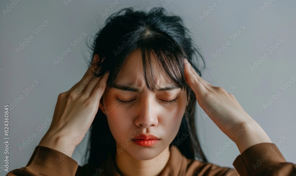 A person with a headache, holding their temples in discomfort, showing signs of pain and distress. A person with a headache, holding their temples in discomfort, showing signs of pain and distress.