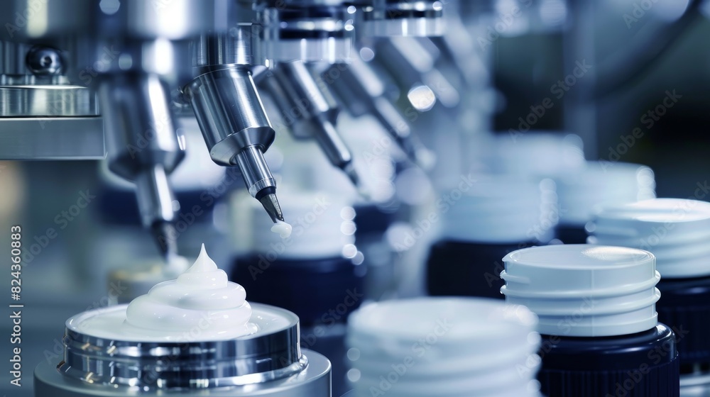 Close-up of an automatic cosmetic tube filling machine, precision nozzles dispensing cream, industrial setting Close-up of an automatic cosmetic tube filling machine, precision nozzles dispensing cream, industrial setting