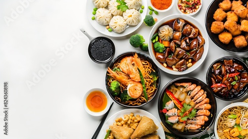 Delicious Array of Chinese Food from Above on Plain White Background in High Definition 8K Resolution