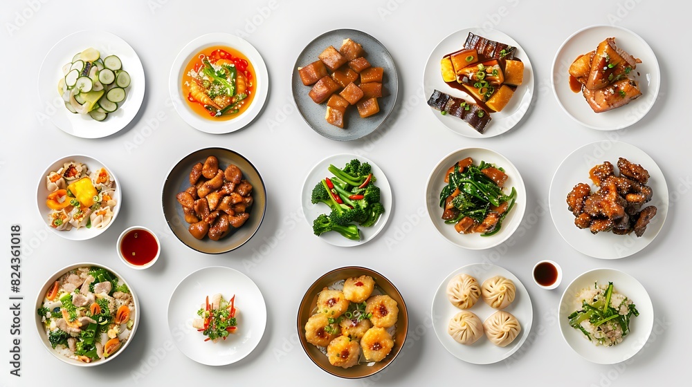 Delicious Chinese Food Assortment in Stunning 8K Quality on Pure White Background, Top View Realistic Presentation Delicious Chinese Food Assortment in Stunning 8K Quality on Pure White Background, Top View Realistic Presentation