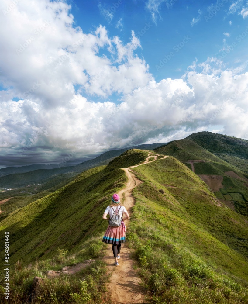 A hiker trekking along a scenic mountain path under a cloudy sky, evoking a sense of adventure and freedom