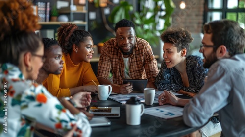 A group of young professionals are sitting around a table in a coffee shop, talking and laughing. They are all holding coffee cups and there are some papers on the table. The group is diverse, with