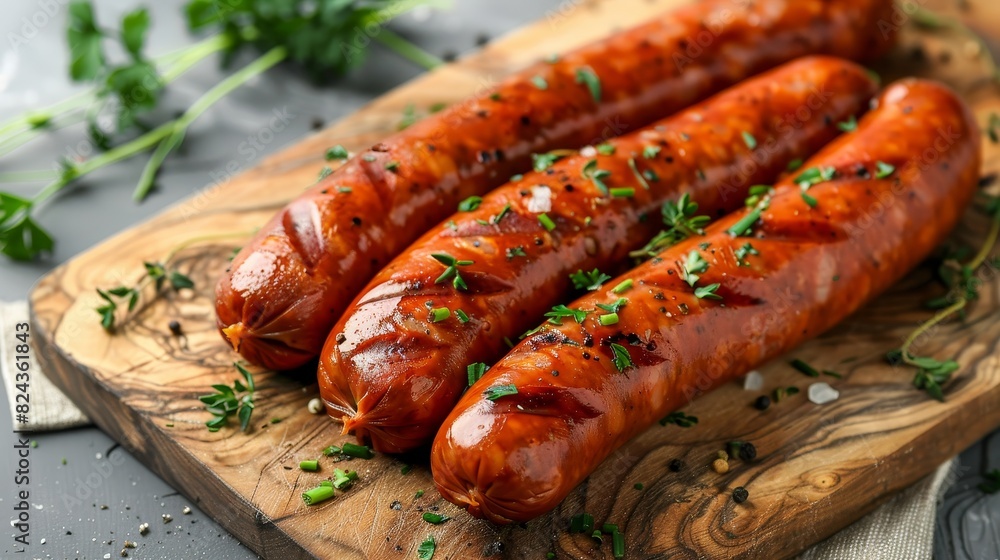 Boiled sausages neatly arranged on a rustic wooden board, garnished with fresh herbs, grey background Boiled sausages neatly arranged on a rustic wooden board, garnished with fresh herbs, grey background