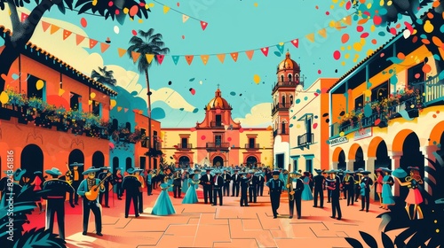 Colorful vector illustration of a Cinco de Mayo celebration in a plaza  with a mariachi band  dancers  and festive decorations all around Generative AI
