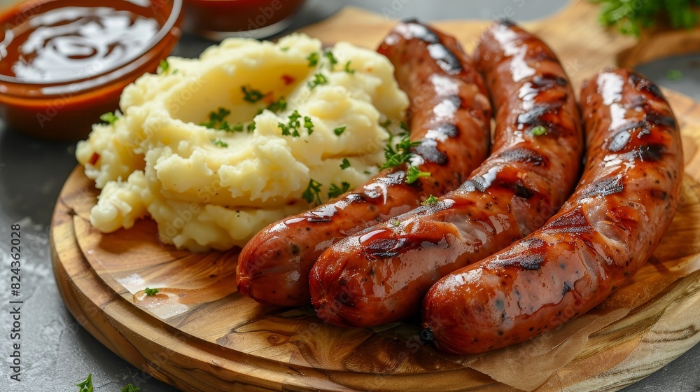 Boiled sausages arranged on a wooden board, with a side of mashed potatoes and gravy, grey background Boiled sausages arranged on a wooden board, with a side of mashed potatoes and gravy, grey background