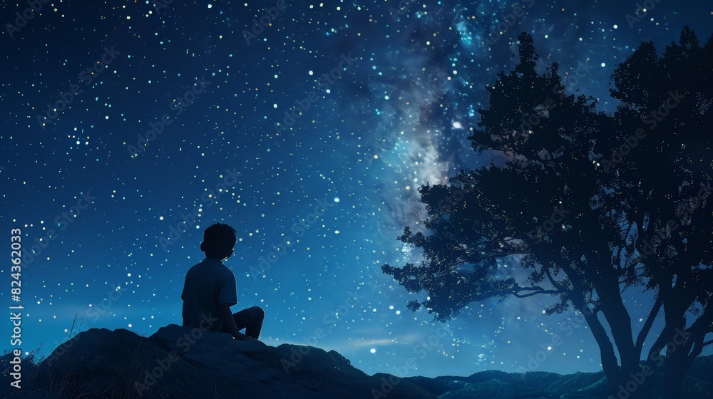 As he gazes up at the starry night sky, the school boy is filled with a sense of wonder and possibility, his imagination soaring to new heights as he envisions worlds beyond his wildest dreams. As he gazes up at the starry night sky, the school boy is filled with a sense of wonder and possibility, his imagination soaring to new heights as he envisions worlds beyond his wildest dreams.