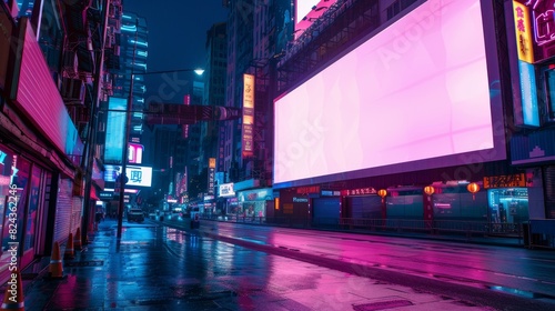 Blank digital billboard in a futuristic city street, vibrant neon signs around photo