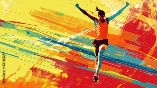 A marathon runner crossing the finish line with arms raised in triumph, illustrated in vivid colors with ample space for copy