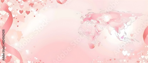 Delicate Global Breast Cancer Awareness Doodle Background with Pink Hearts and Ribbons Scattered Across World Map