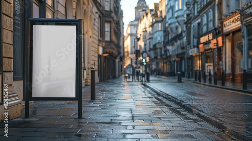Blank advertisement board on a busy city street, modern buildings in the background, daytime © Paul