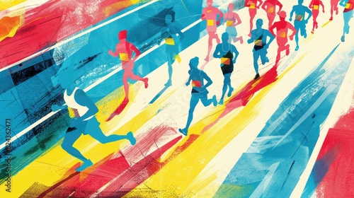 An illustration of marathon runners reaching the finish line, filled with vibrant colors and emotions, with plenty of space for text