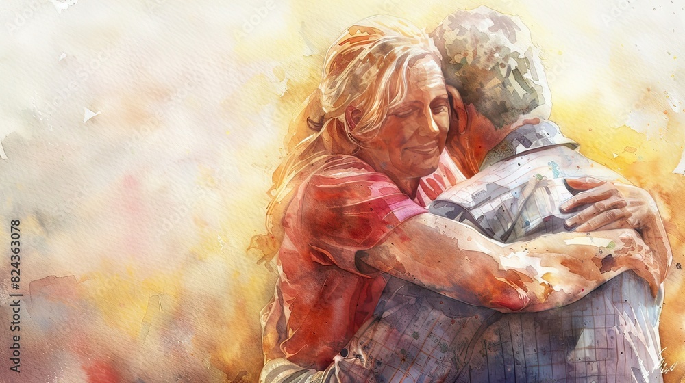 First-year students hugging parents with mixed emotions, warm sunlight, watercolor, emotional