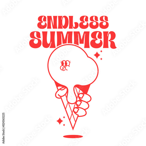 Funny cartoon character of ice cream. Can be used as Sticker, posters, prints. Retro cartoon style. Vector illustration