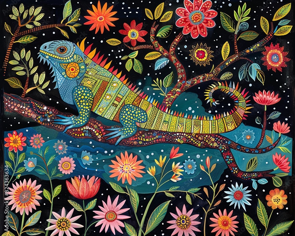 Graceful iguana in Madhubani Bharni style, forest night with flowers, vibrant traditional colors Graceful iguana in Madhubani Bharni style, forest night with flowers, vibrant traditional colors