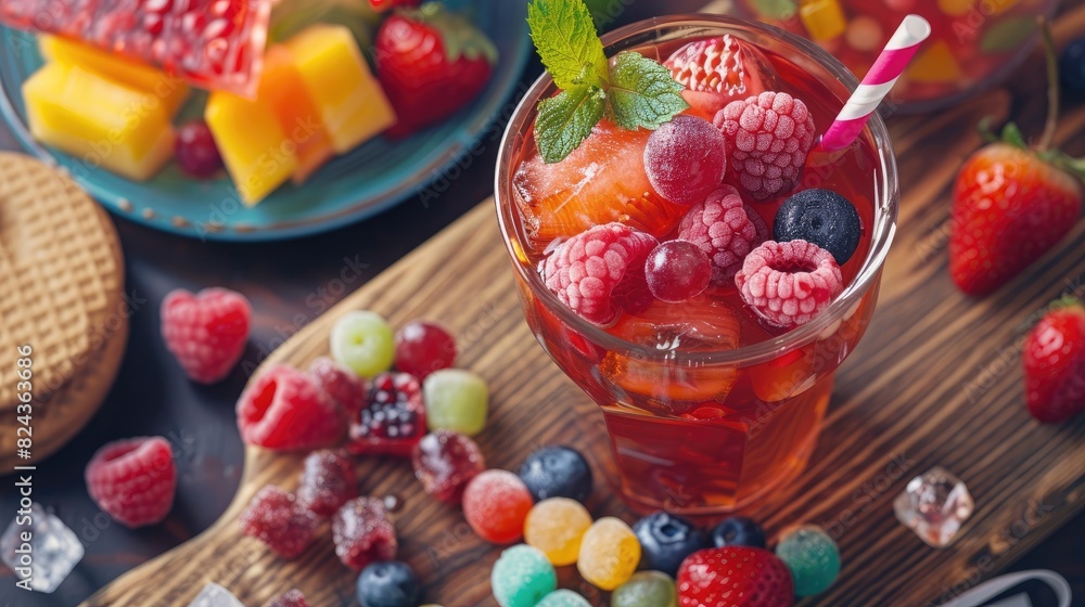 Sugary treats and a cup of fruit drink on a wooden surface Sugary treats and a cup of fruit drink on a wooden surface