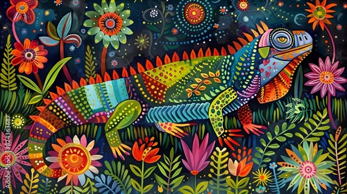 Iguana in Madhubani Bharni style, graceful concept, in a forest at night with flowers, vibrant colors