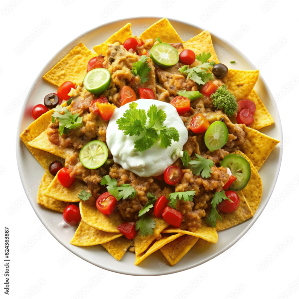 A plate of loaded nachos with cheese, salsa, guacamole, and sour cream isolated on Transparent background. A plate of loaded nachos with cheese, salsa, guacamole, and sour cream isolated on Transparent background.