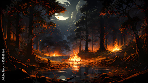 fire in a forest, the campfire flickers in the night and casts dancing shadows on the surrounding trees. The flames are vibrant and warm