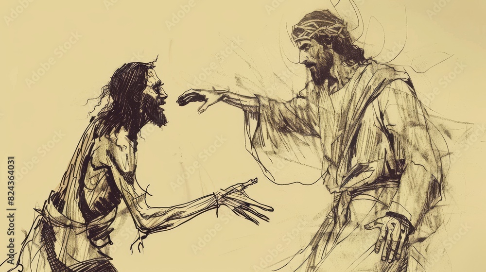 Obraz premium Biblical Illustration of Jesus Casting Out Demons from a Man in Gadara, Ideal for article