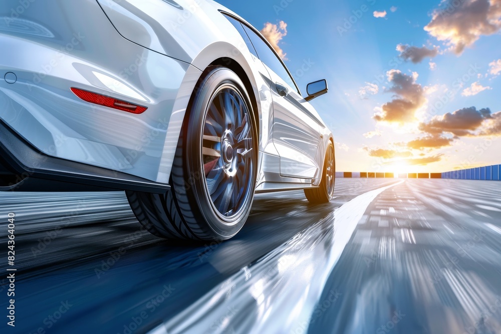 High performance sports car racing on track, close up view with empty space for text High performance sports car racing on track, close up view with empty space for text