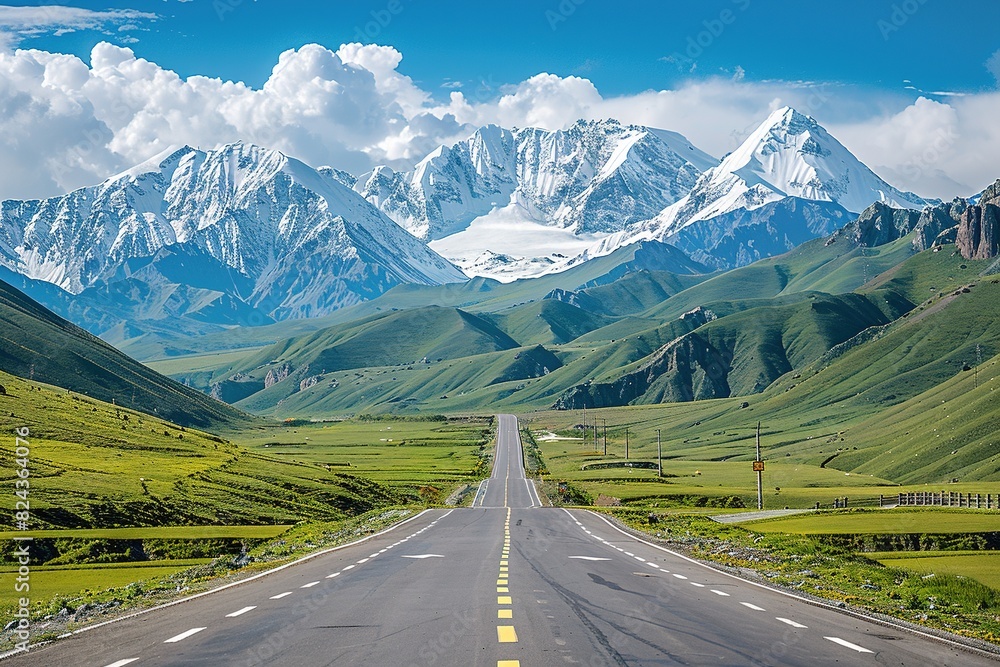 Fototapeta premium Snow capped mountains and grassland pastures
